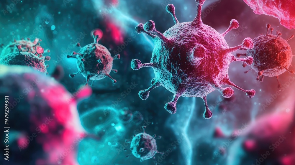 Detailed illustration of colorful viruses in a microscopic view, showcasing their complex structures in vibrant hues. Detailed illustration of colorful viruses in a microscopic view, showcasing their complex structures in vibrant hues.