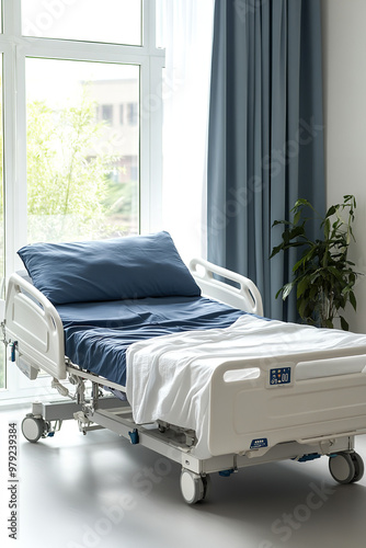 Emtry bed on hospital.blue and white hospital bed on white background. Patient room and insurance concept photo