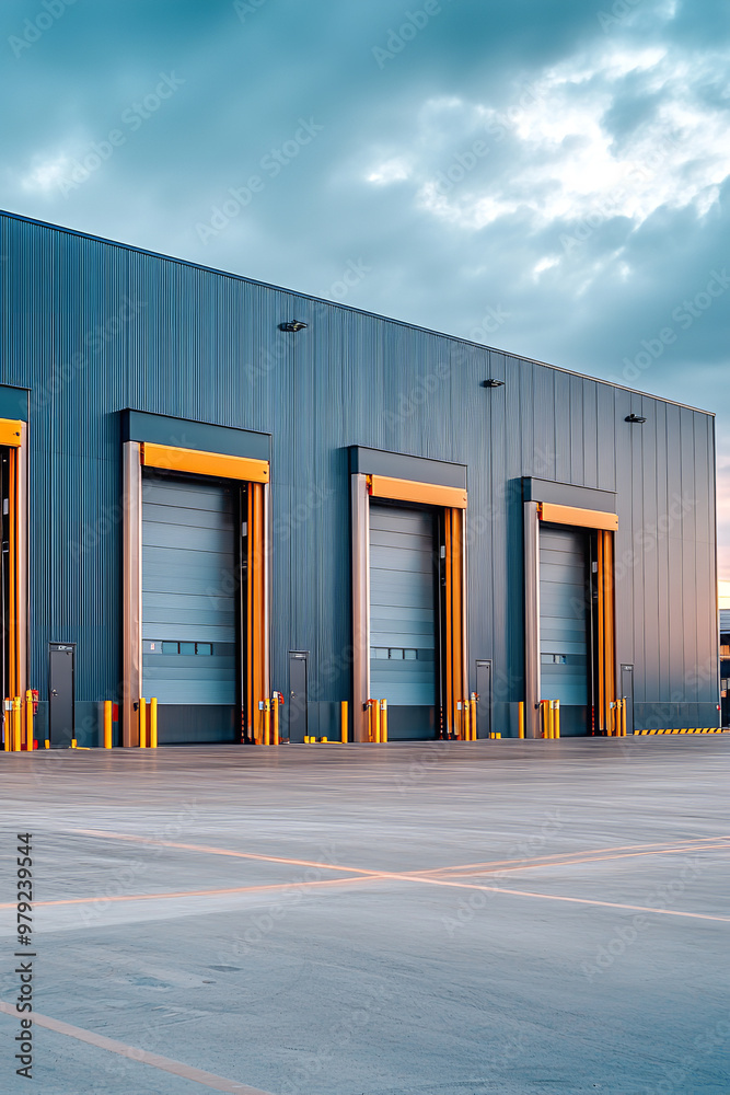 Exterior of a logistic warehouse with large, automated doors and efficient design