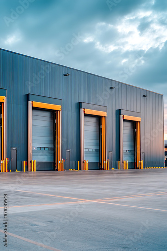 Obraz na płótnie Exterior of a logistic warehouse with large, automated doors and efficient design w salonie