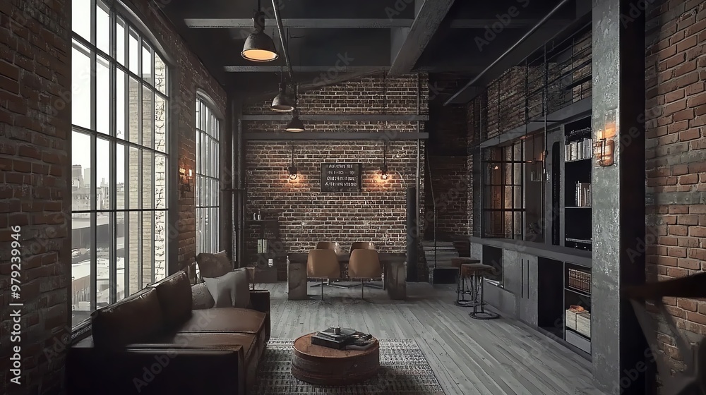 Stylish industrial loft interior with brick walls, large windows, modern furniture, and ambient lighting Stylish industrial loft interior with brick walls, large windows, modern furniture, and ambient lighting