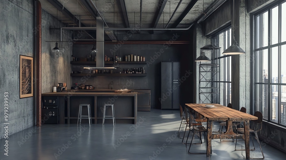 Modern industrial kitchen with concrete walls, large windows, and chic dining area featuring wooden table and metal chairs. Modern industrial kitchen with concrete walls, large windows, and chic dining area featuring wooden table and metal chairs.