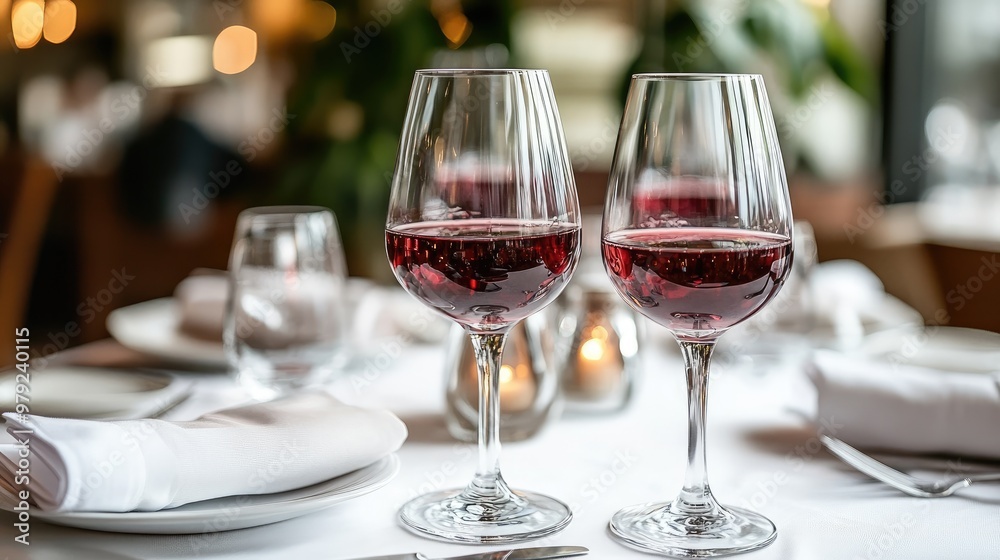 A sophisticated table arrangement with wine and neatly folded napkins on a white tablecloth, set for a cozy restaurant meal. A sophisticated table arrangement with wine and neatly folded napkins on a white tablecloth, set for a cozy restaurant meal.