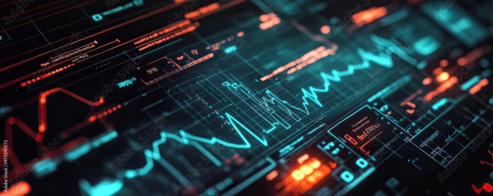 Abstract digital interface with glowing data visualizations and analysis graphs in vibrant colors, ideal for technology themes. Abstract digital interface with glowing data visualizations and analysis graphs in vibrant colors, ideal for technology themes.