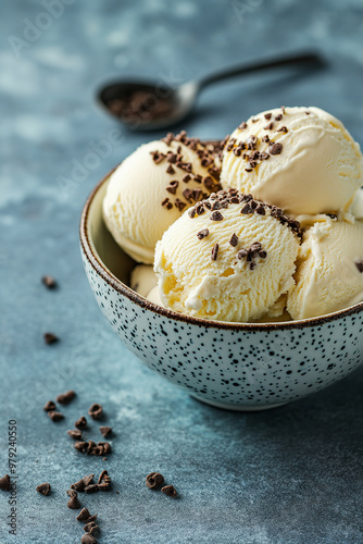 Ice cream scoops in a bowl, with copy space for dessert specials photo