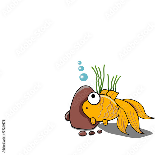 Vector drawing of fish in the aquarium. a cute big-eyed goldfish brown stone Green aquatic plants under clear water on a white background.