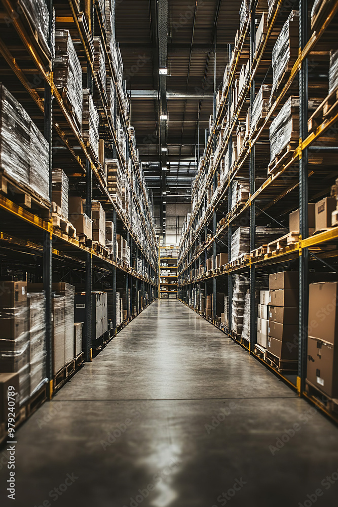 Logistic warehouse with high shelves, large aisles, and efficient storage solutions