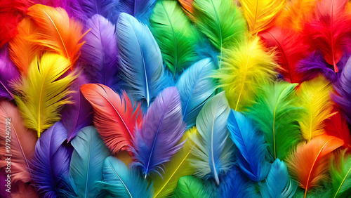 Colorful feather pattern with a rainbow of colors, feathers, vibrant, colorful, spectrum, texture, seamless, design, background photo