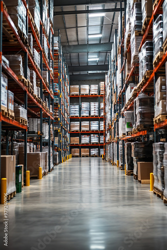 Logistic warehouse with high shelves, large aisles, and efficient storage solutions photo