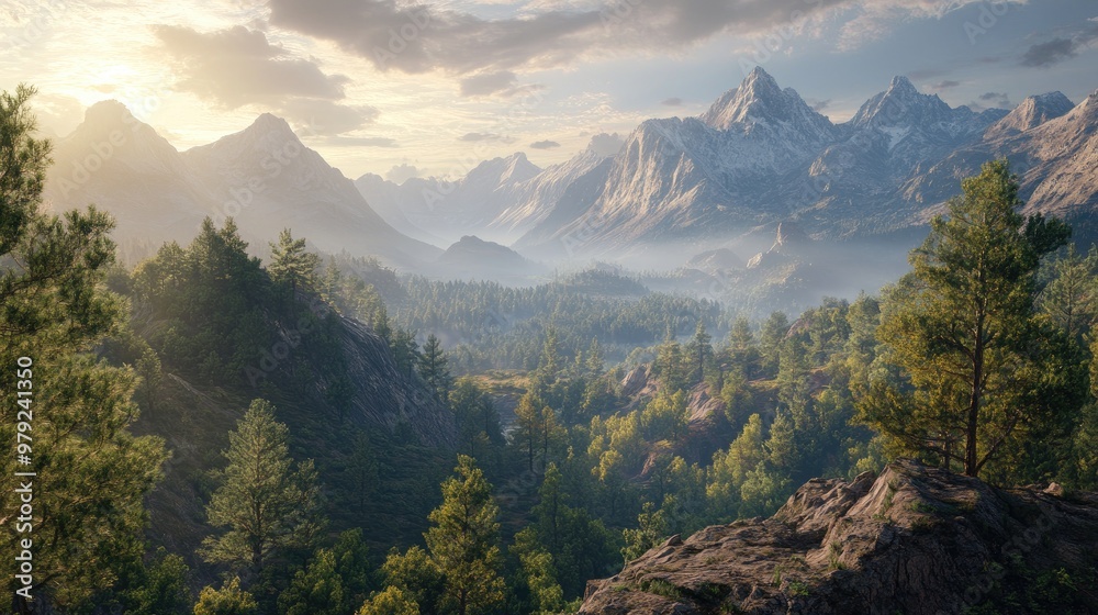 Fototapeta premium A stunning panoramic view of a vast forest and towering mountains, the landscape bathed in soft sunlight.