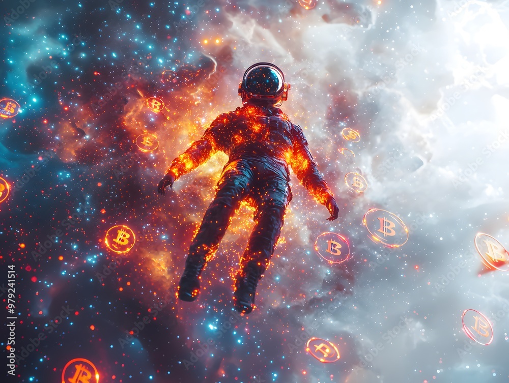 Business professional floating in a galaxy with vibrant colors and minimal details, surrounded by glowing financial symbols. The 3D design creates a fantasy-style scene Business professional floating in a galaxy with vibrant colors and minimal details, surrounded by glowing financial symbols. The 3D design creates a fantasy-style scene