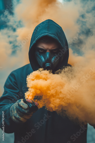 Man Wearing Mask Holding a Smoke Bomb photo