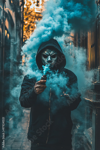 Man Wearing Mask Holding a Smoke Bomb photo