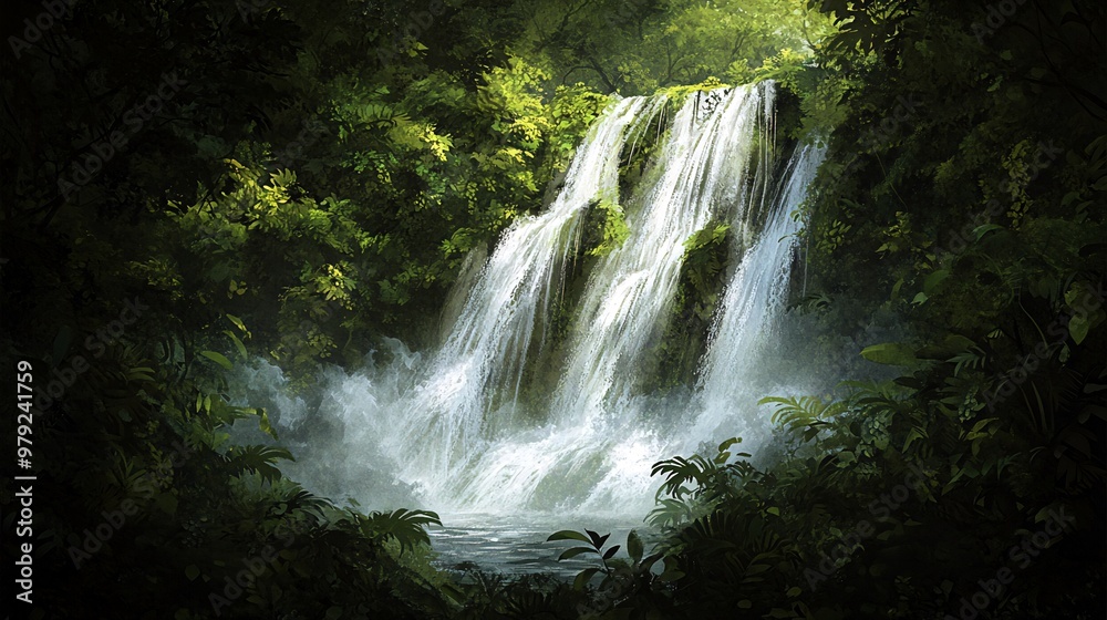 Obraz premium A cascading waterfall flows through a lush green forest, creating a tranquil and serene scene.