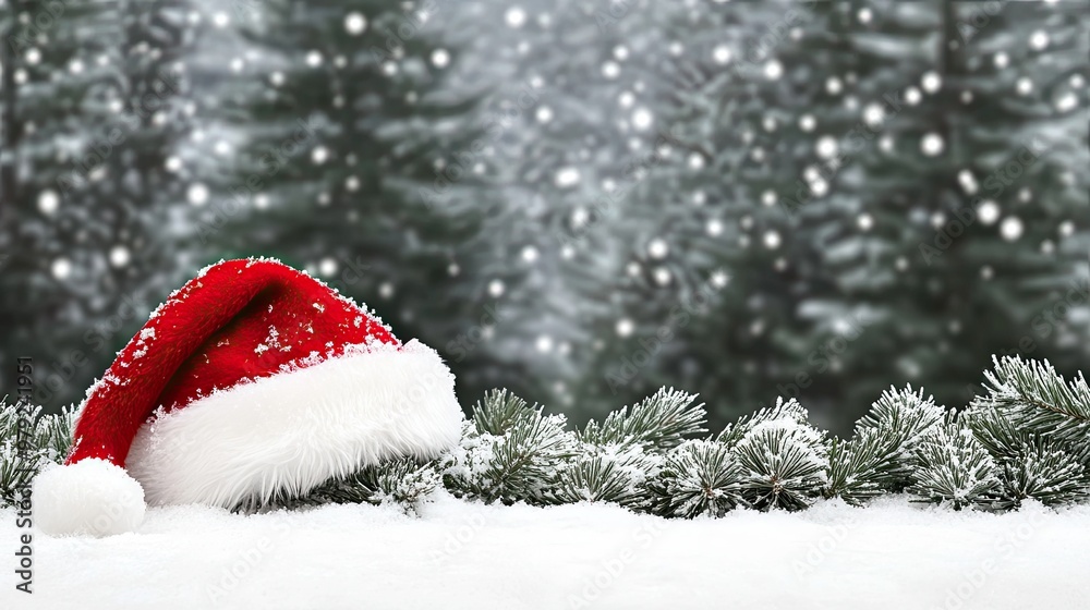 A charming red Santa hat decorated with snowflakes rests in soft snow, set against a backdrop of gently falling snow and blurred pine branches, evoking a cozy holiday spirit A charming red Santa hat decorated with snowflakes rests in soft snow, set against a backdrop of gently falling snow and blurred pine branches, evoking a cozy holiday spirit