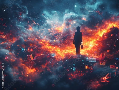 Vibrant galaxy scene with businessperson and financial symbols, using contrasting colors and minimal details in a 3D fantasy style