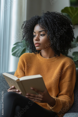 Pensive relaxed African american woman reading a book at home, drinking coffee sitting on the couch. Copy space. Lifestyle concept photo