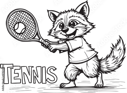 A raccoon hitting a tennis ball black and white illustration coloring page
