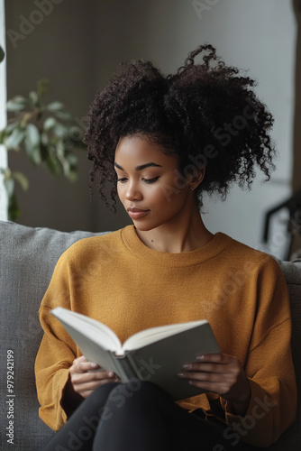 Pensive relaxed African american woman reading a book at home, drinking coffee sitting on the couch. Copy space. Lifestyle concept