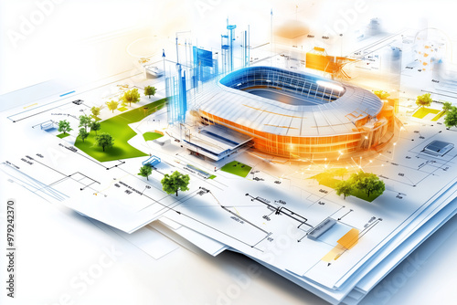 plaunung, studio, skizze, entwuerf, architekt, stadion, neubau, modernisierung, umbau, plan, haus, architektur, bauplan, design, zeichnung, kugelschreiber, anlagen, zuhause, papier, engineering, busin photo