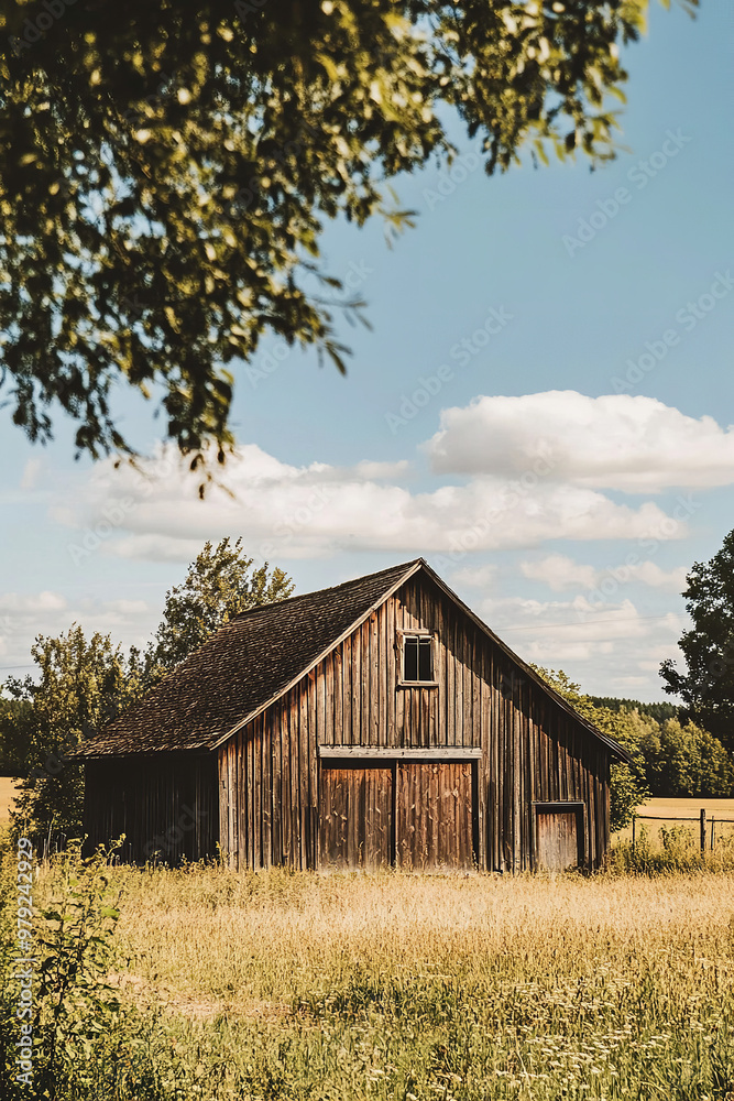 Rustic village barn with a classic wooden exterior and surrounding fields Rustic village barn with a classic wooden exterior and surrounding fields