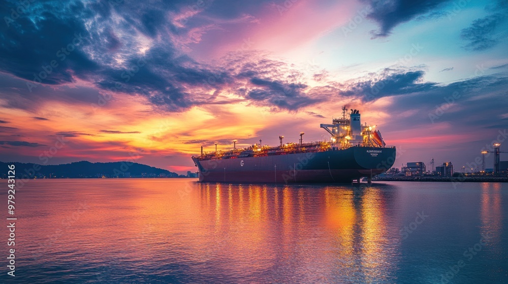 An LNG ship arriving at a port, unloading liquefied natural gas for local distribution as part of the global energy supply chain An LNG ship arriving at a port, unloading liquefied natural gas for local distribution as part of the global energy supply chain