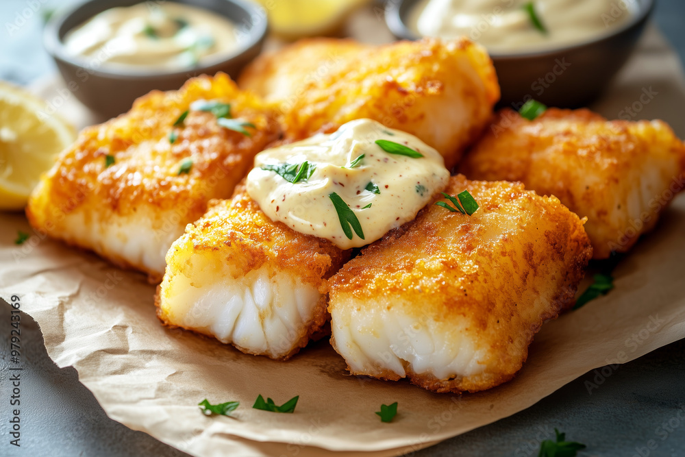 Fried cod pieces with tartare sauce Fried cod pieces with tartare sauce