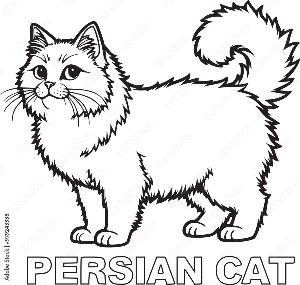 A Persian Cat standing with its distinctive round face and long, luxurious fur. coloring page A Persian Cat standing with its distinctive round face and long, luxurious fur. coloring page