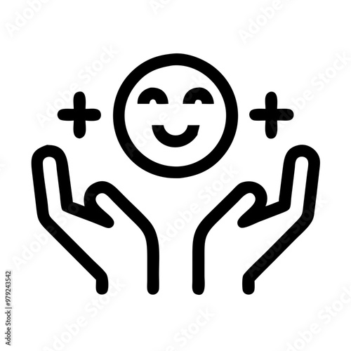 Supportive hands holding a smiling face icon in black minimalist design, positive vibes icon on transparent background, mental health theme photo