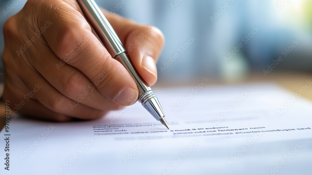 Hand Signing or Writing on Official Document Contract or Agreement on Desk at Workplace Hand Signing or Writing on Official Document Contract or Agreement on Desk at Workplace