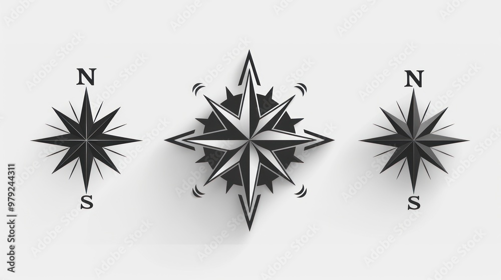 Fototapeta premium Intricate compass designs showcasing directional symbols and artistry in monochrome on a clean backdrop. Generative AI