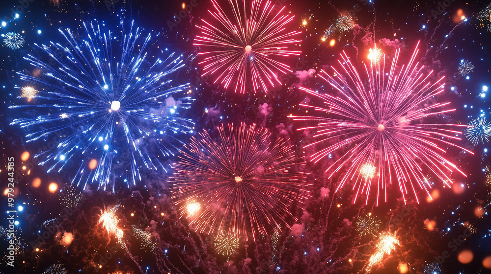 Red and blue fireworks bursting in the night sky, festive celebration