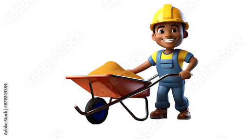 construction worker pushing wheelbarrow 3d cartoon 3D RENDRING. Generative AI.