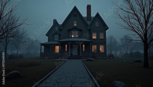  Gothic mansion foggy night eerie atmosphere