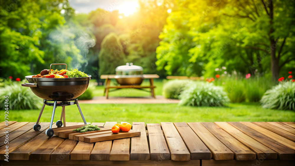 Summer backyard BBQ scene with wooden table and grill, blurred green garden background , summer, backyard, garden, BBQ Summer backyard BBQ scene with wooden table and grill, blurred green garden background , summer, backyard, garden, BBQ