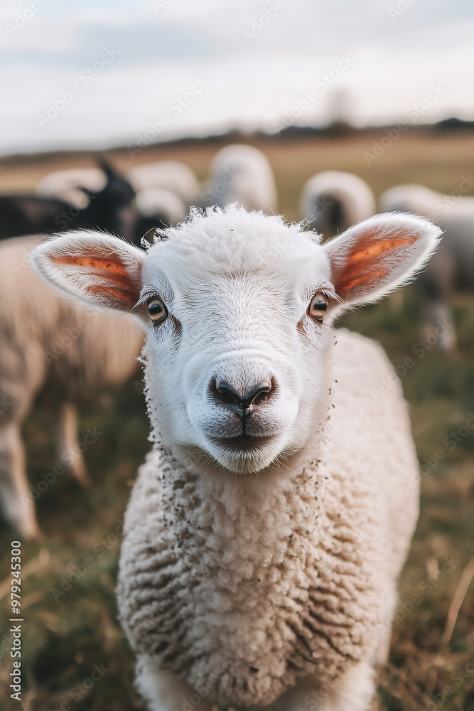 Obraz premium White lamb in field in front of other animals