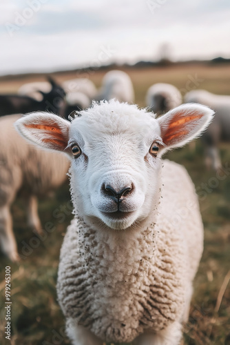 White lamb in field in front of other animals