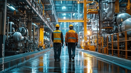 Engineers walking through industrial factory facility