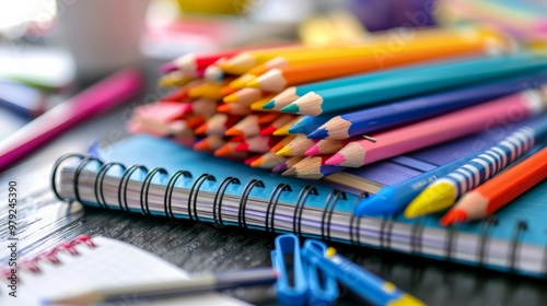 Close-up of colorful school supplies like pencils, crayons, and notebooks photo