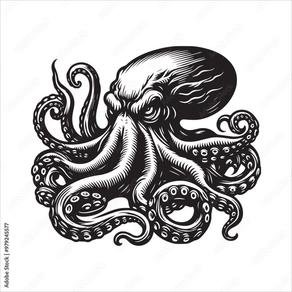 Octopus stalking its prey vector illustration silhouette Octopus stalking its prey vector illustration silhouette