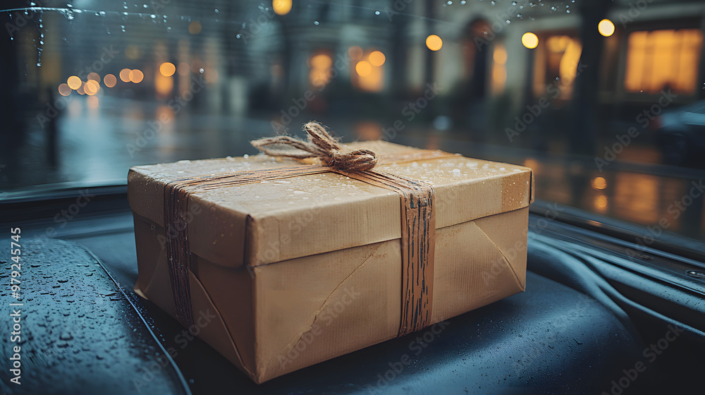 Fototapeta premium A beautifully wrapped package sits on the dashboard of a car, with raindrops on the window creating a cozy atmosphere.