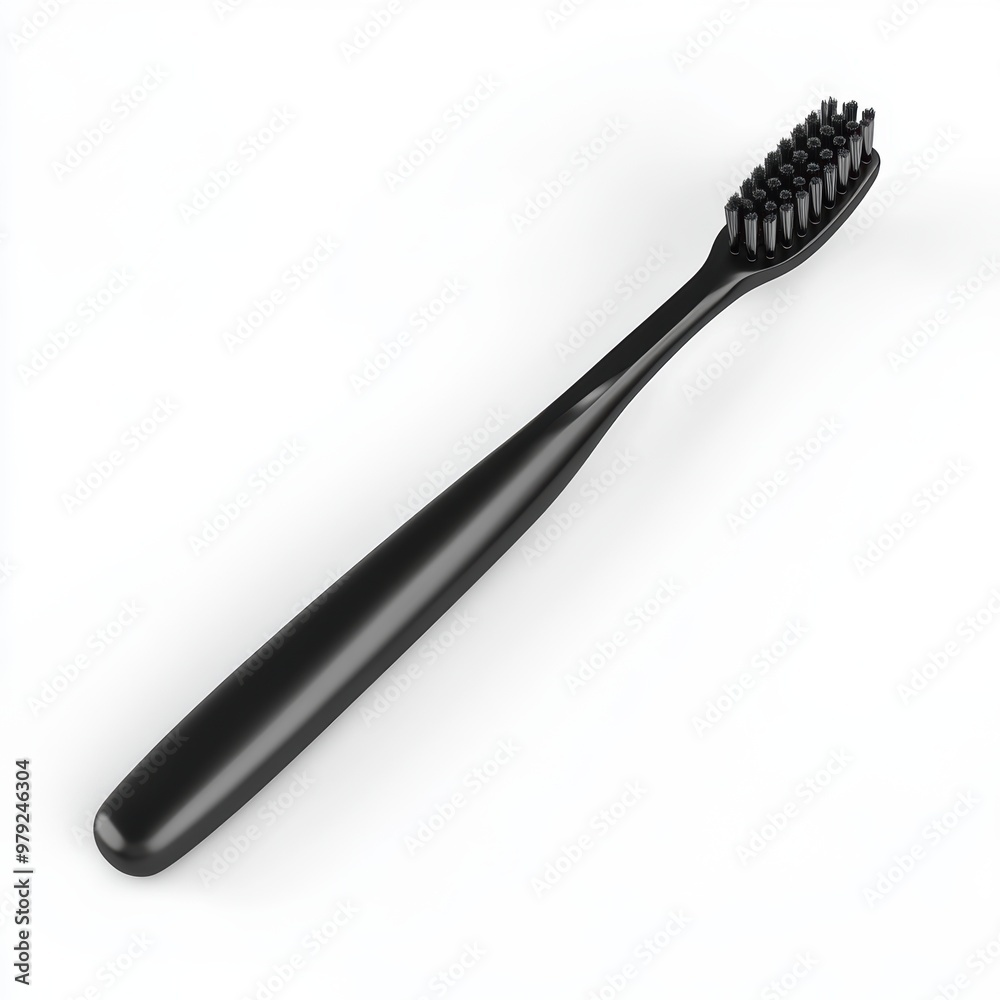 Black toothbrush is lying on a white surface with black bristles Black toothbrush is lying on a white surface with black bristles