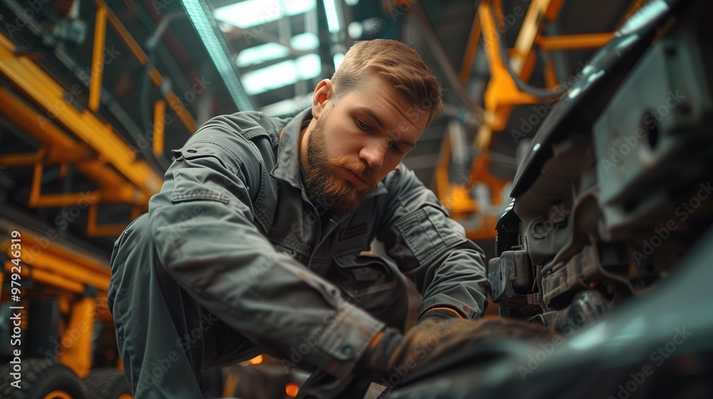 Mechanic in Gray Suit Focused on Car Repair in Professional Auto Workshop Setting Mechanic in Gray Suit Focused on Car Repair in Professional Auto Workshop Setting