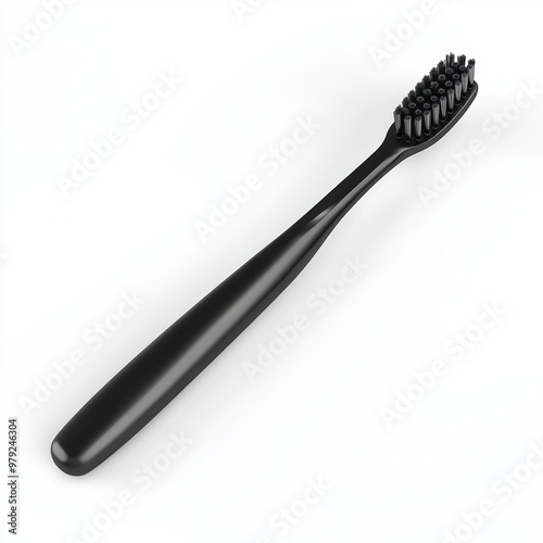 Black toothbrush is lying on a white surface with black bristles
