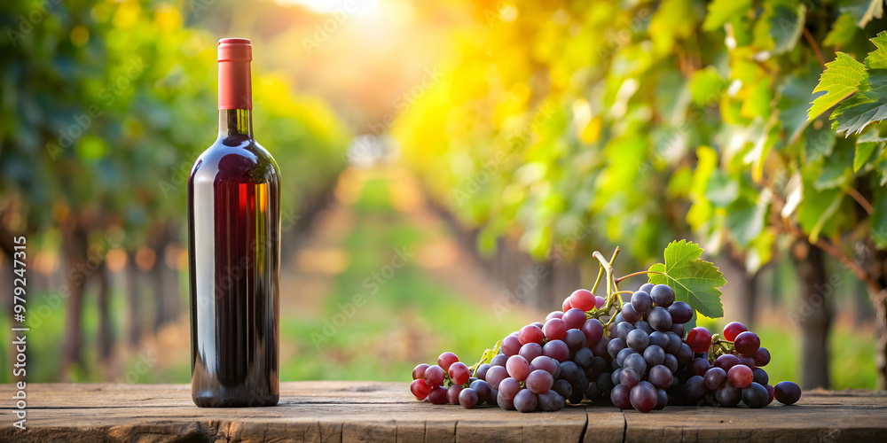 Fototapeta premium Red grape wine bottle in a grape grove background, wine, red, grape, vineyard, alcohol, beverage, drink, bottle, winery