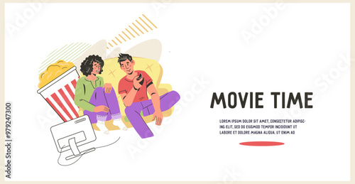 Movies Night and Streaming TV, Shows Advertising Banner. Online movie, stream service in smart tv and demand video (VOD) in television. Flat vector illustration.
