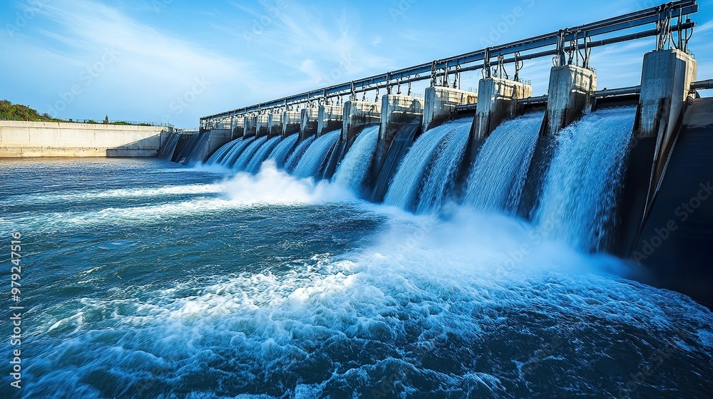 Water rushing through a hydro plant turbines, generating clean power under clear skies Water rushing through a hydro plant turbines, generating clean power under clear skies