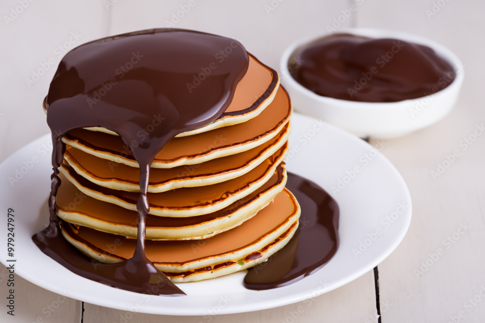 Stack of pancakes with liquid and chocolate. pancake syrup food concept. stack of pancakes dipped in chocolate on a white plate. a stack of pancakes with a lush green lush dipped in a chocolate on. Stack of pancakes with liquid and chocolate. pancake syrup food concept. stack of pancakes dipped in chocolate on a white plate. a stack of pancakes with a lush green lush dipped in a chocolate on.
