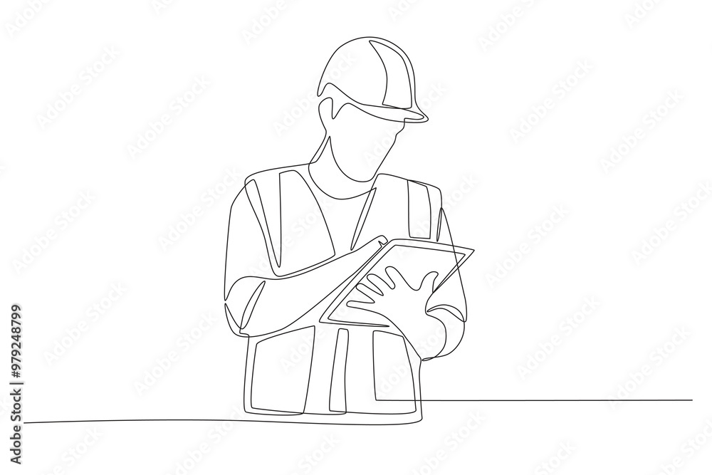 Oil mine workers checking files. Oil field work concept one-line drawing