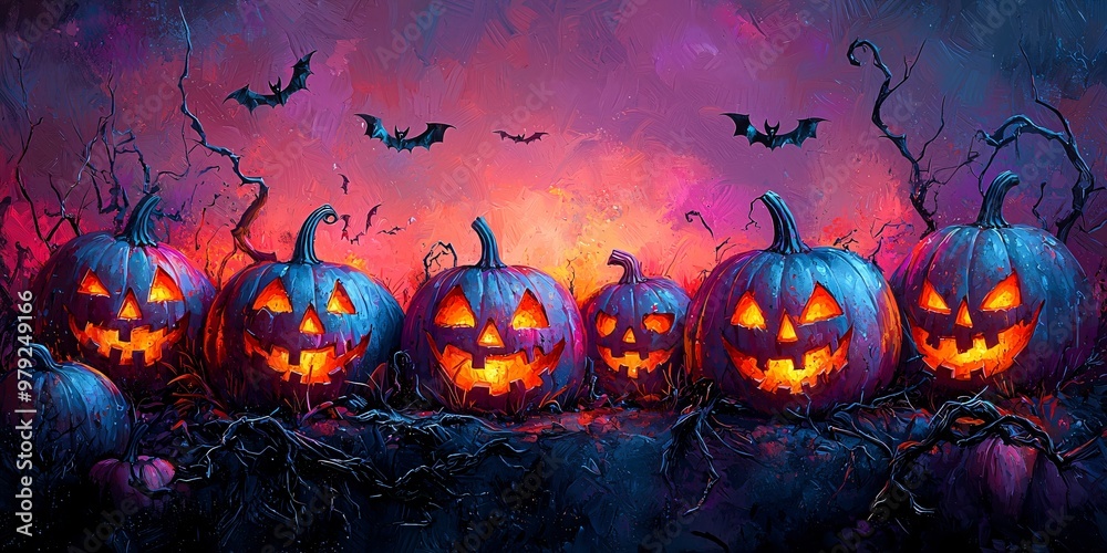 A whimsical Halloween scene featuring vibrant carved pumpkins, playful bats, and gnarled branches, perfect for Halloween and Thanksgiving themes. Ample copy space. A whimsical Halloween scene featuring vibrant carved pumpkins, playful bats, and gnarled branches, perfect for Halloween and Thanksgiving themes. Ample copy space.